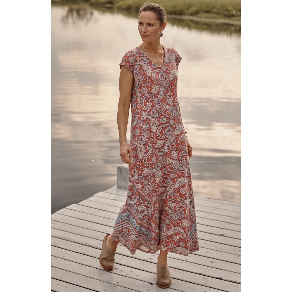 Pure Jill Placed Border Maxi Dress Red Paisley V-Neck Cotton Modal Blend Large